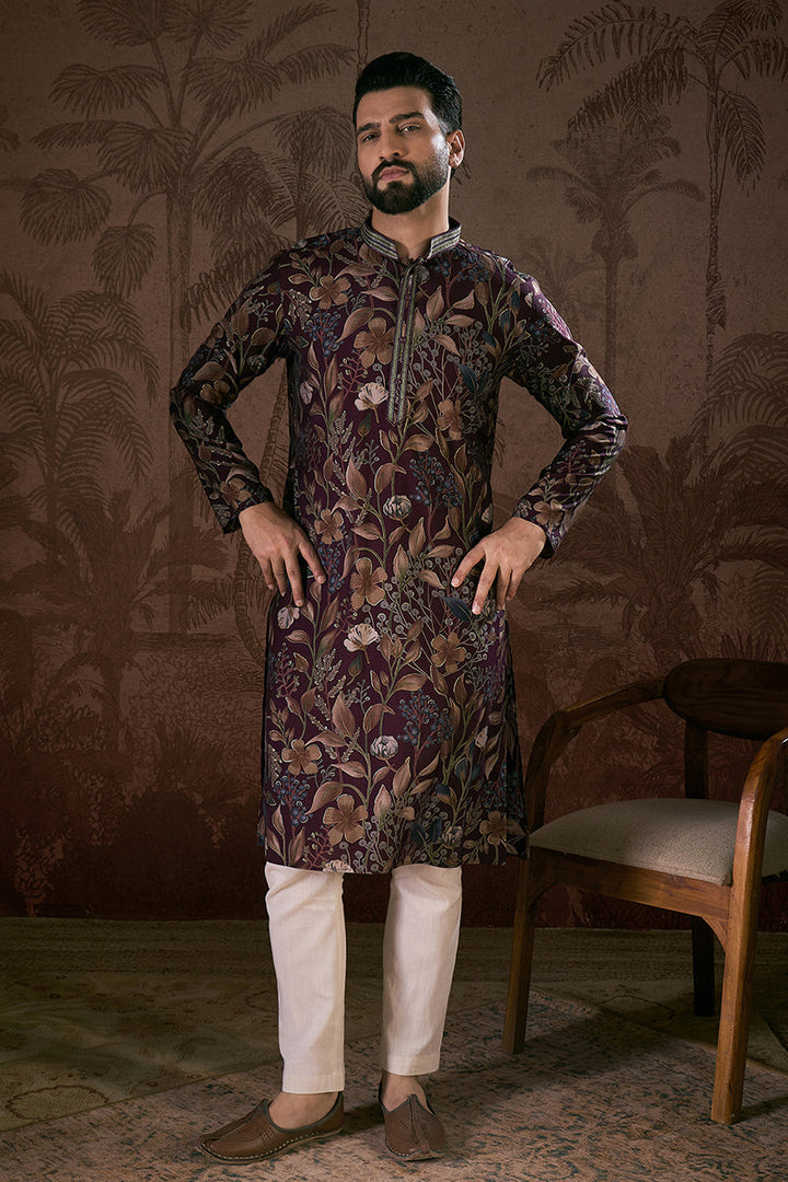 Purple Silk Blend Floral Printed Straight Kurta For Men | SHOBITAM