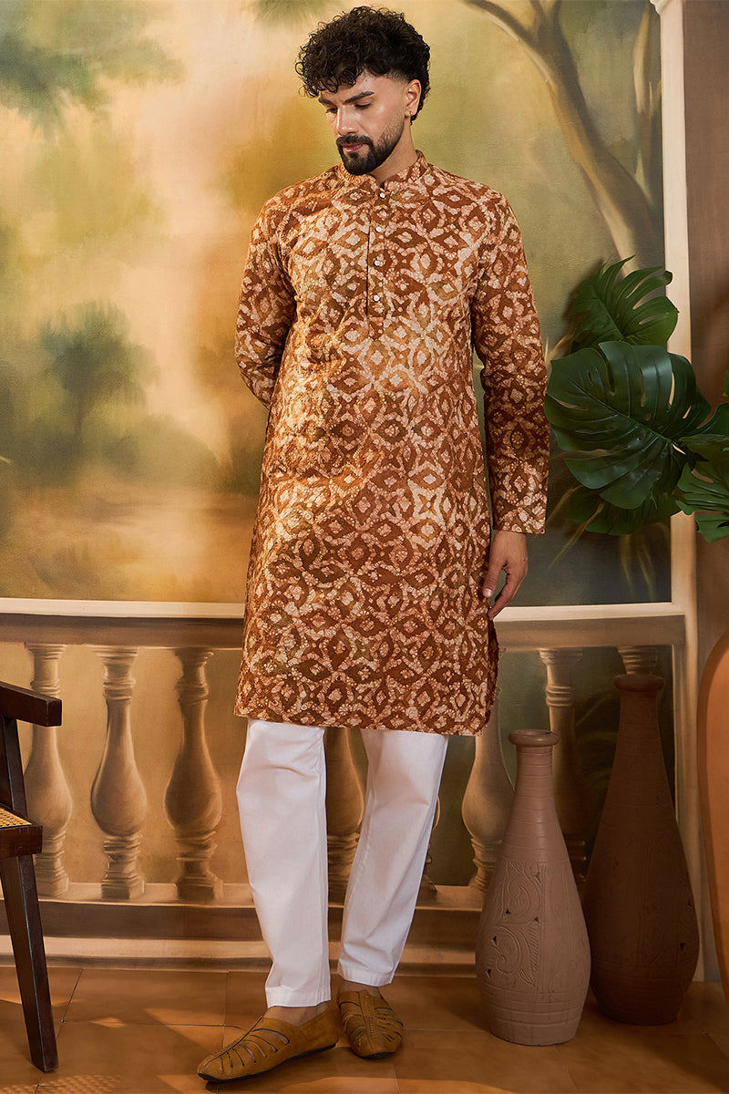 Brown Cotton Batik Embroidered Straight Kurta  | SHOBITAM