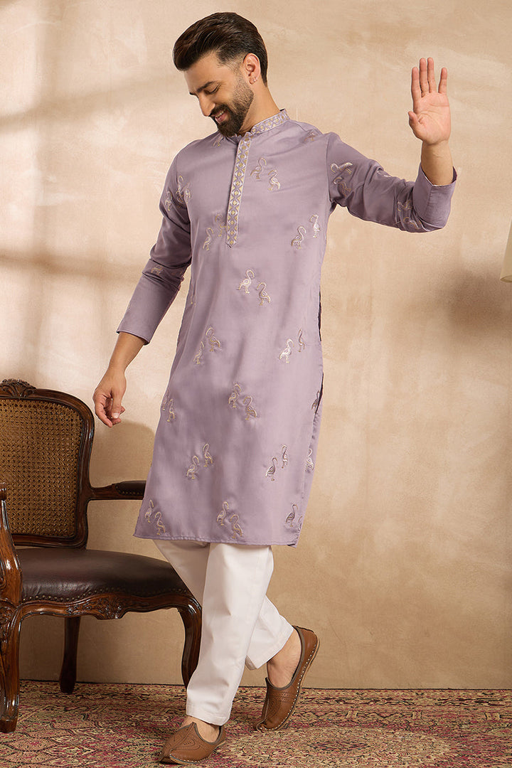 Lavender Silk Blend Solid Embroidered Straight Kurta With Trouser | SHOBITAM