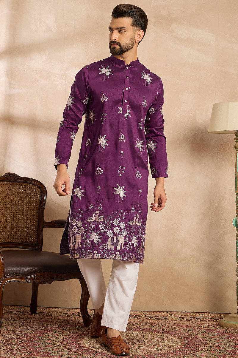 Purple Polyester Solid Embroidered Straight Kurta With Trouser | SHOBITAM