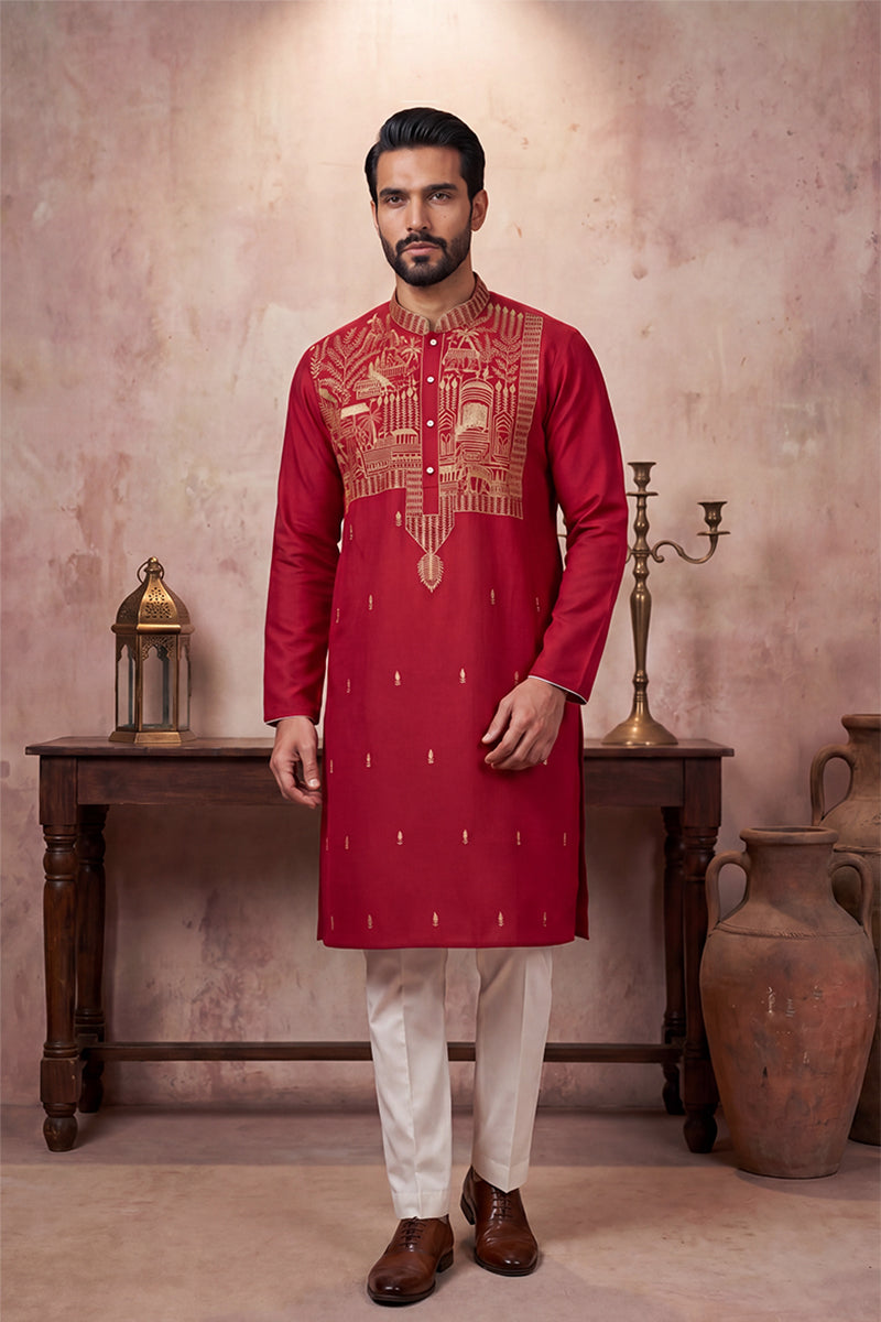 Mens Red Silk Blend Solid Emboidered Straight Kurta With Trouser | SHOBITAM