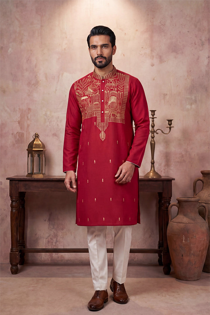 Mens Red Silk Blend Solid Emboidered Straight Kurta With Trouser | SHOBITAM