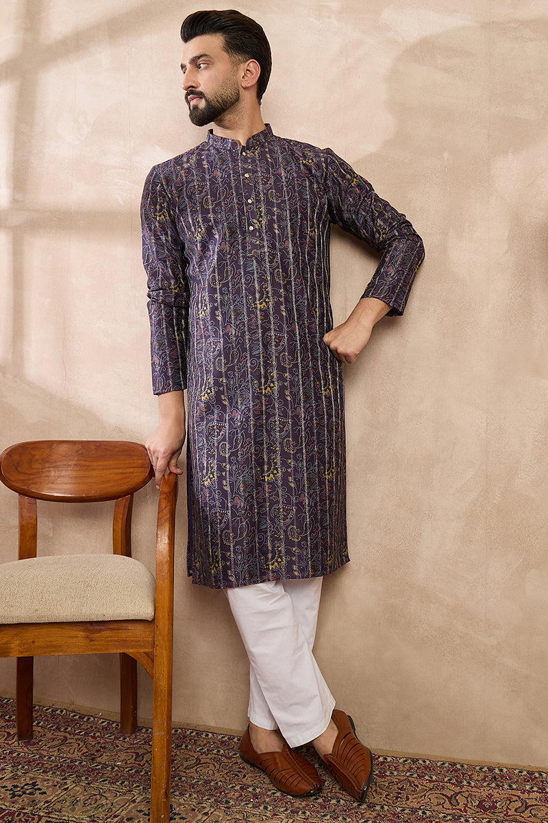 Violet Silk Blend Ethnic Motifs Printed Straight Kurta With Trouser | SHOBITAM