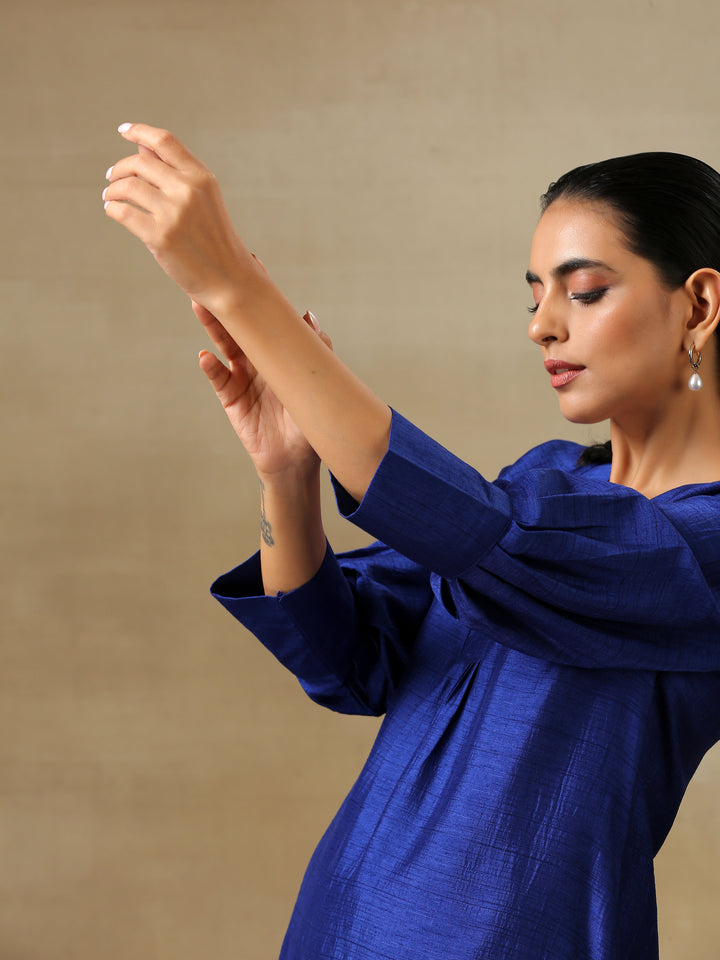 Blue Textured Silk Puff Sleeve Kurta Pant Set  | SHOBITAM
