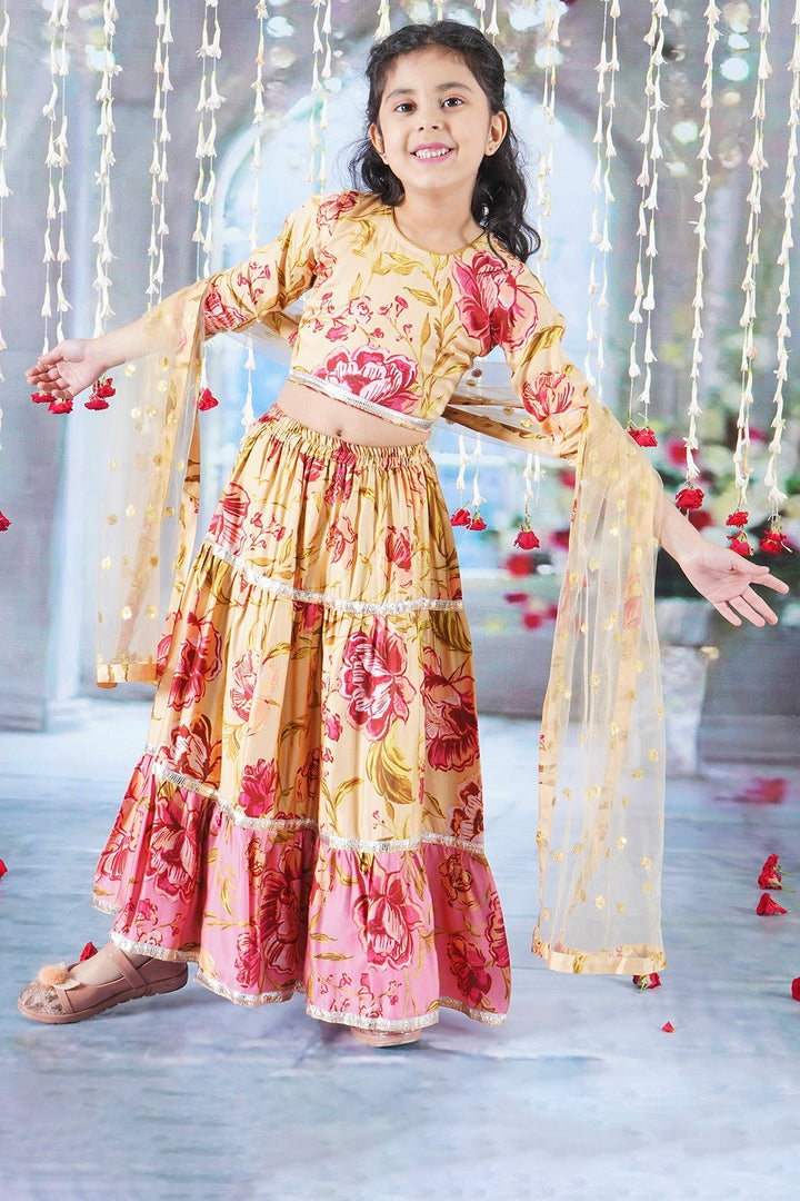 Modern Rose Print Lehenga with Panel and lace work with Blouse and Dupatta | SHOBITAM
