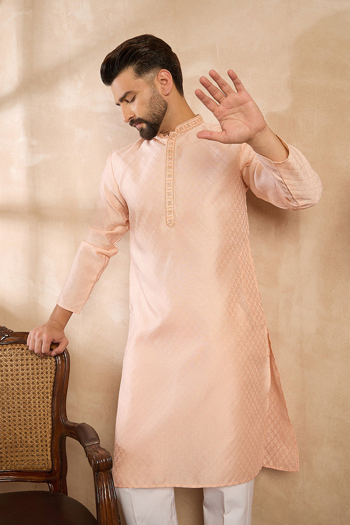 Peach Polyester Solid Embroidered Straight Kurta With Trouser | SHOBITAM