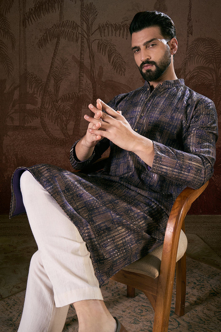 Violet Silk Blend Abstract Printed Straight Kurta For Men | SHOBITAM
