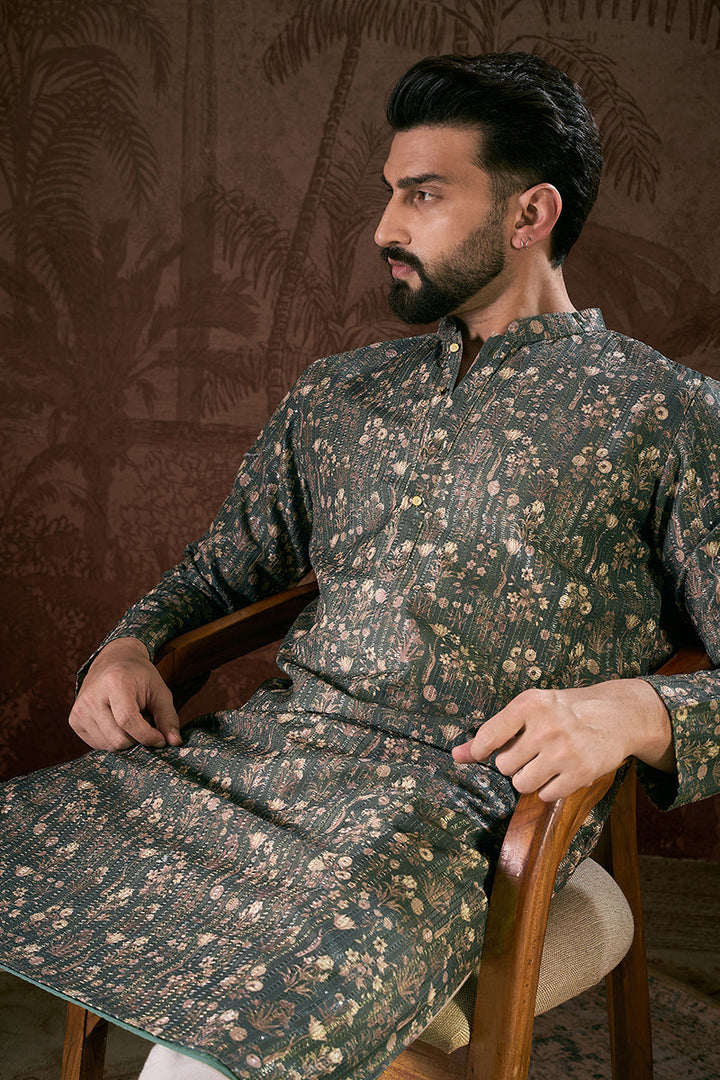 Olive Silk Blend Floral Printed Straight Kurta With Trouser | SHOBITAM