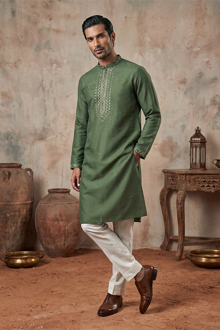 Mens Green Silk Blend Solid Emboidered Sequins Kurta With Trouser | SHOBITAM