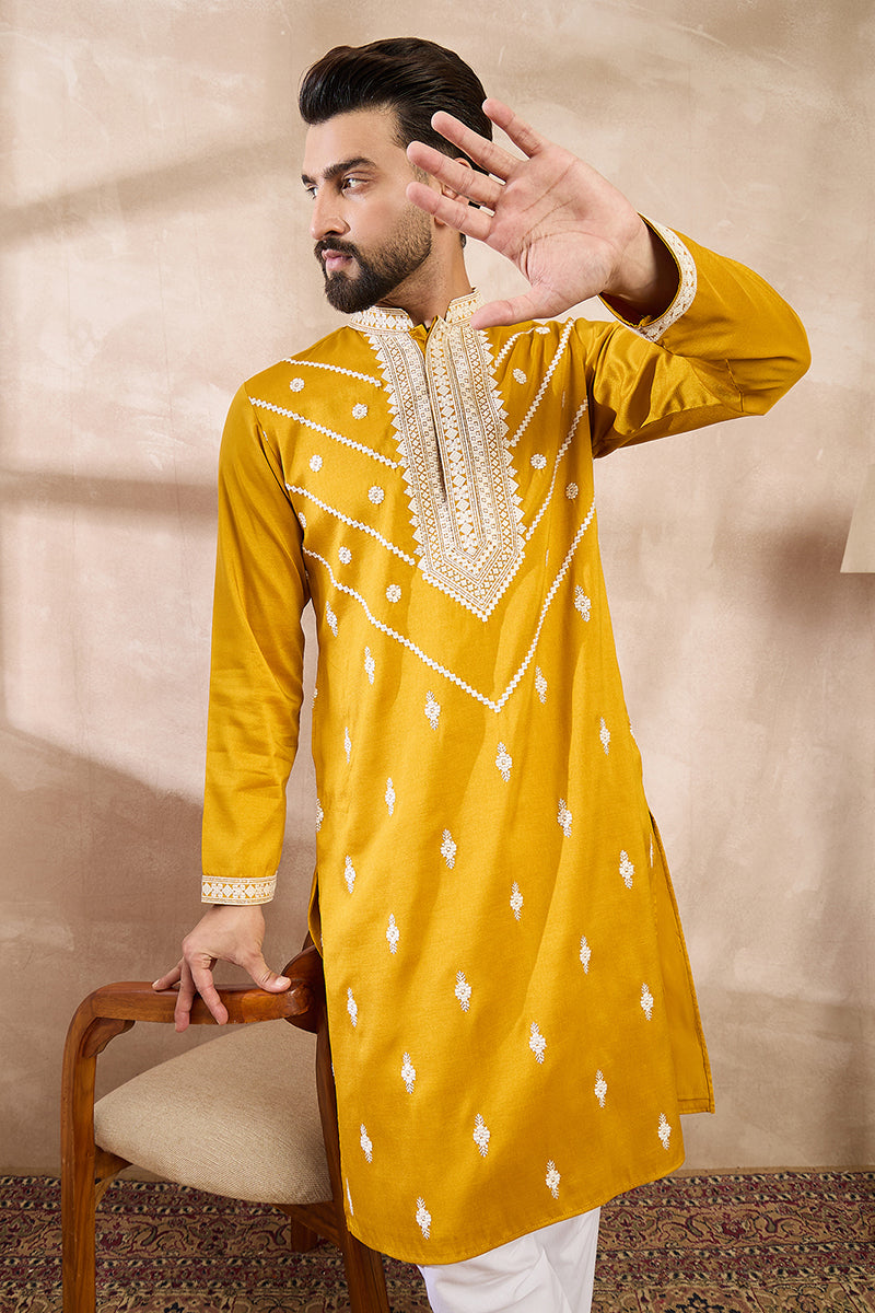 Yellow Silk Blend Ethnic Motifs Embroidered Straight Kurta | SHOBITAM