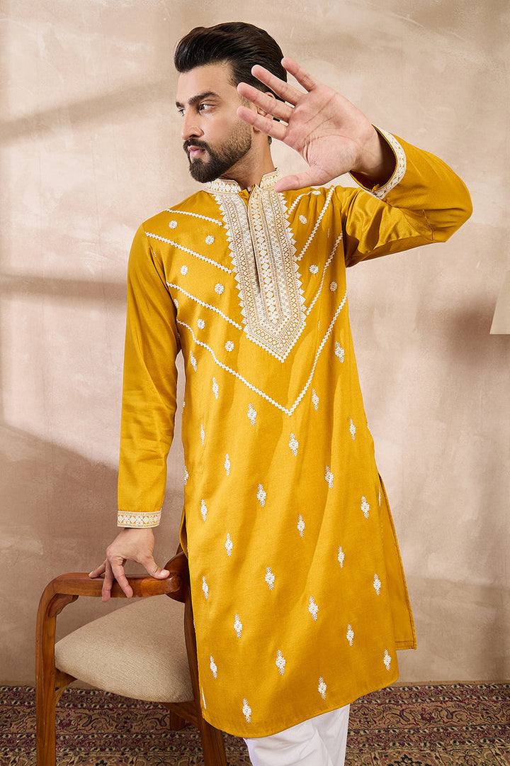 Yellow Silk Blend Ethnic Motifs Embroidered Straight Kurta | SHOBITAM