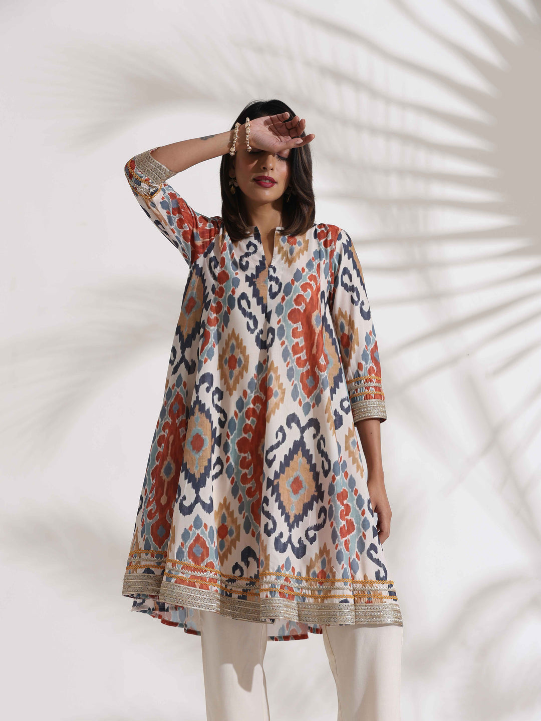 Off White Ikat Print Anarkali Kurta Co-ord Set | SHOBITAM