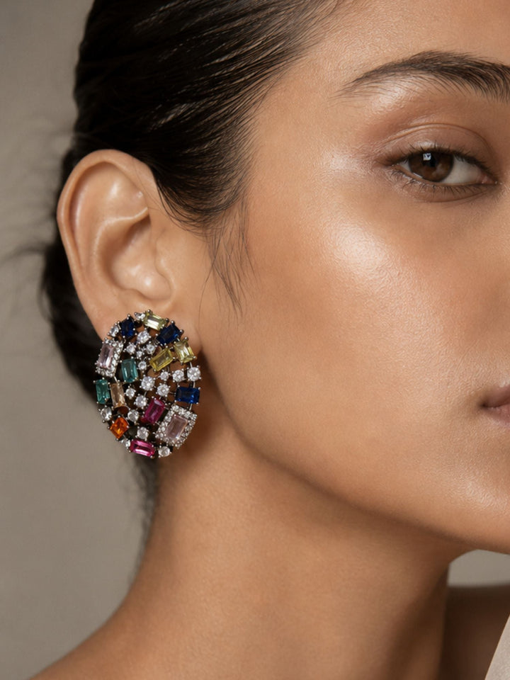 Multicolor Crystal Stud Black Rhodium Earrings | SHOBITAM