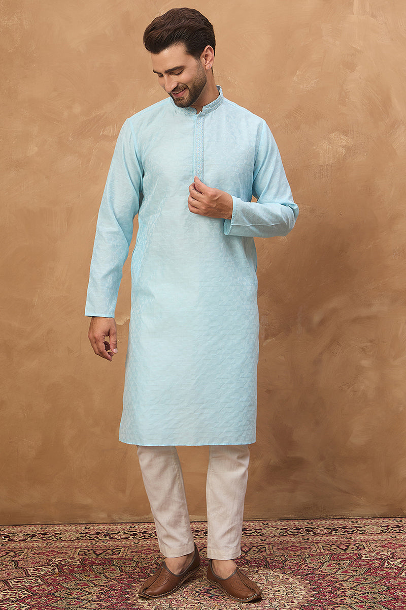 Blue Silk Blend Solid Embroidered Straight Kurta | SHOBITAM