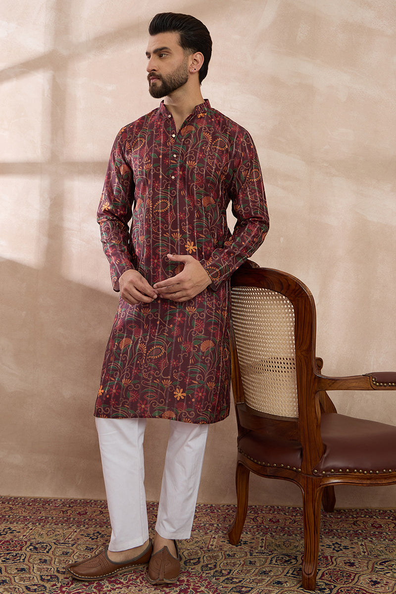 Maroon Silk Blend Printed Mandarin Collar Straight Kurta With Trouser | SHOBITAM