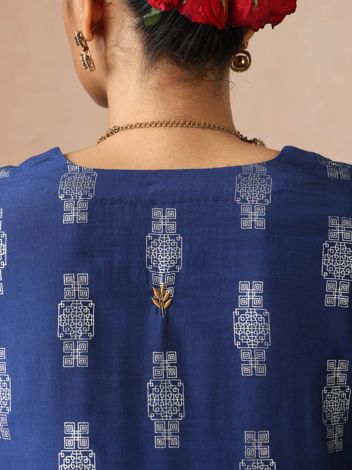 Blue Silver Foil Print Muslin Silk Kurta Farsi Pants Set| SHOBITAM