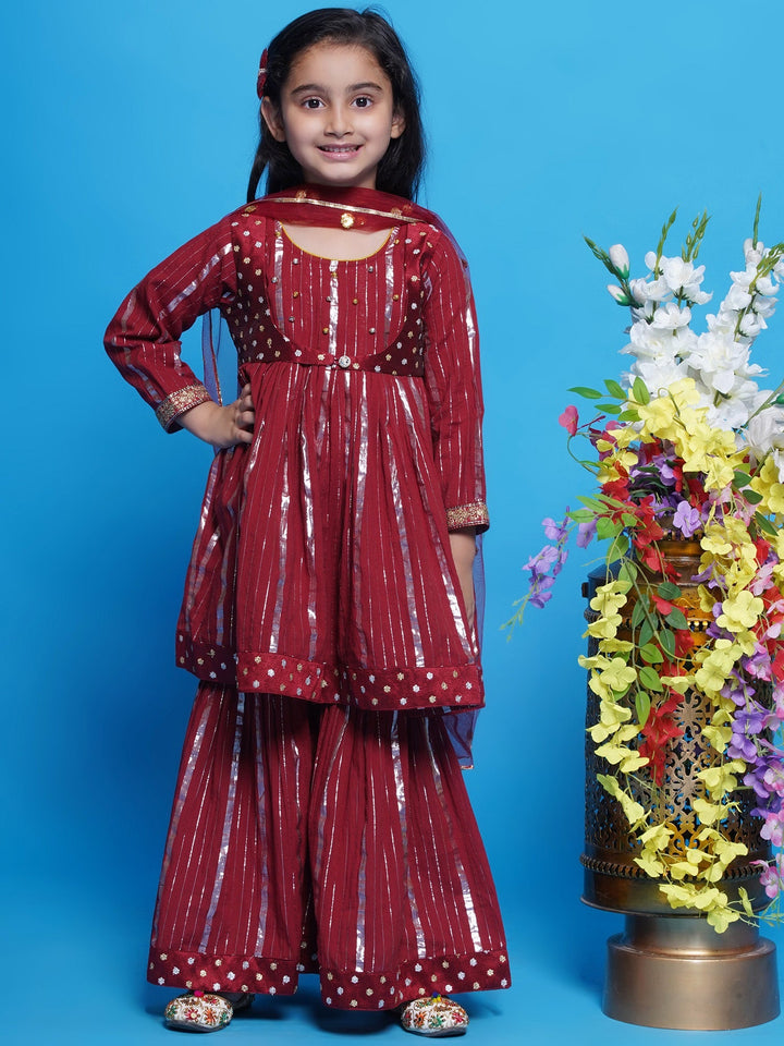 Chand Sitare Anarkarli Kurta Sharara with Dupatta - Mahroon | SHOBITAM