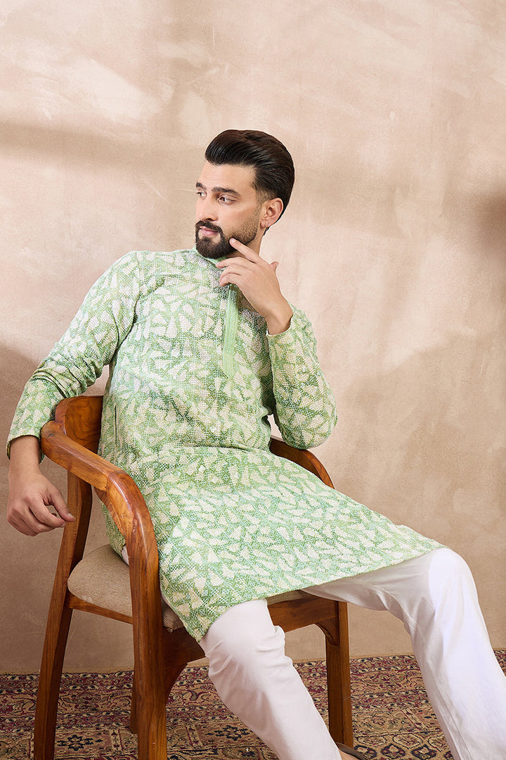 Green Viscose Rayon Ethnic Motifs Embroidered Straight Kurta | SHOBITAM