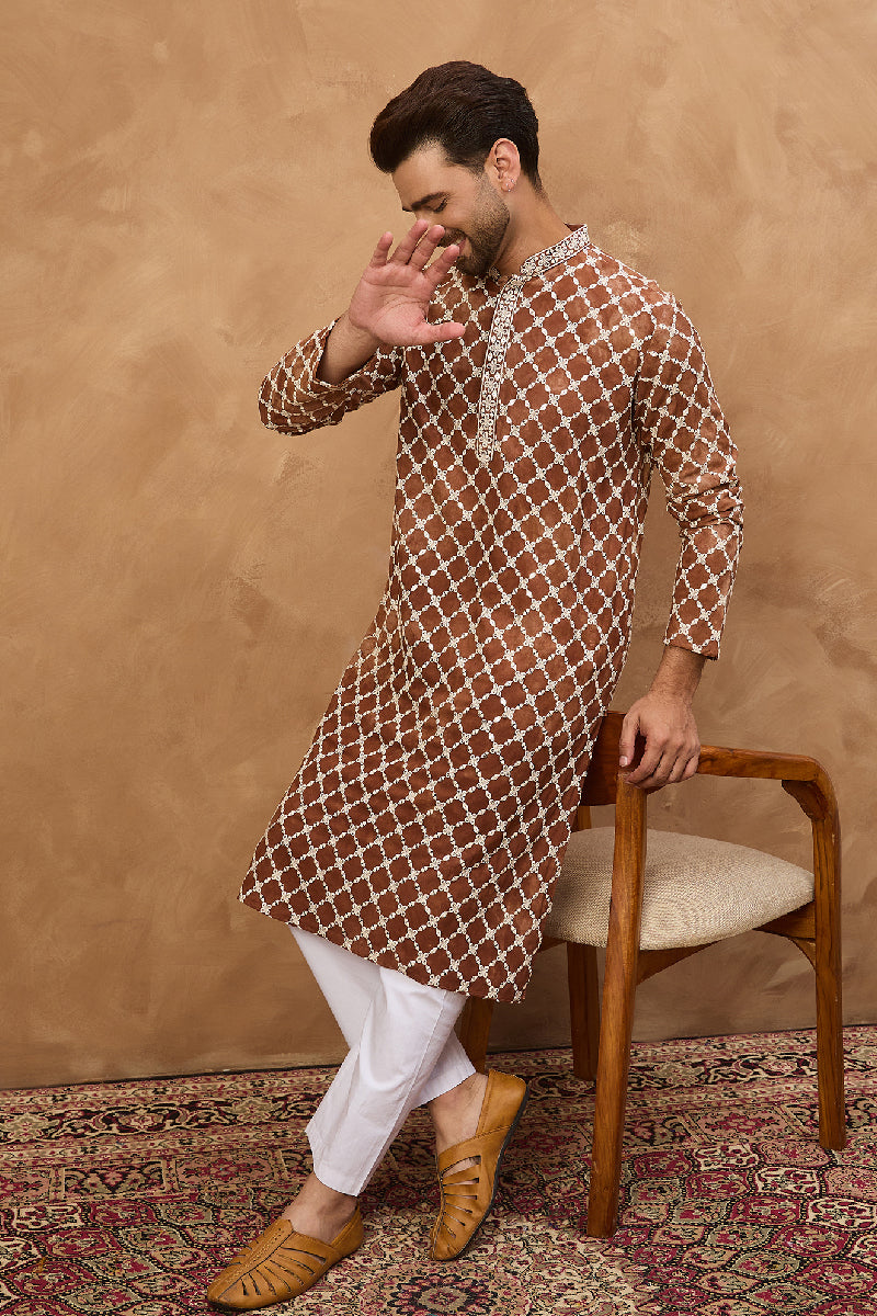 Brown Viscose Rayon Solid Embroidered Straight Kurta With Pant Set | Shobitam