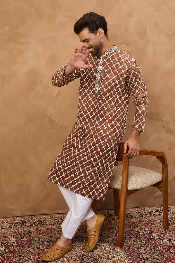 Brown Viscose Rayon Solid Embroidered Straight Kurta With Pant Set | Shobitam
