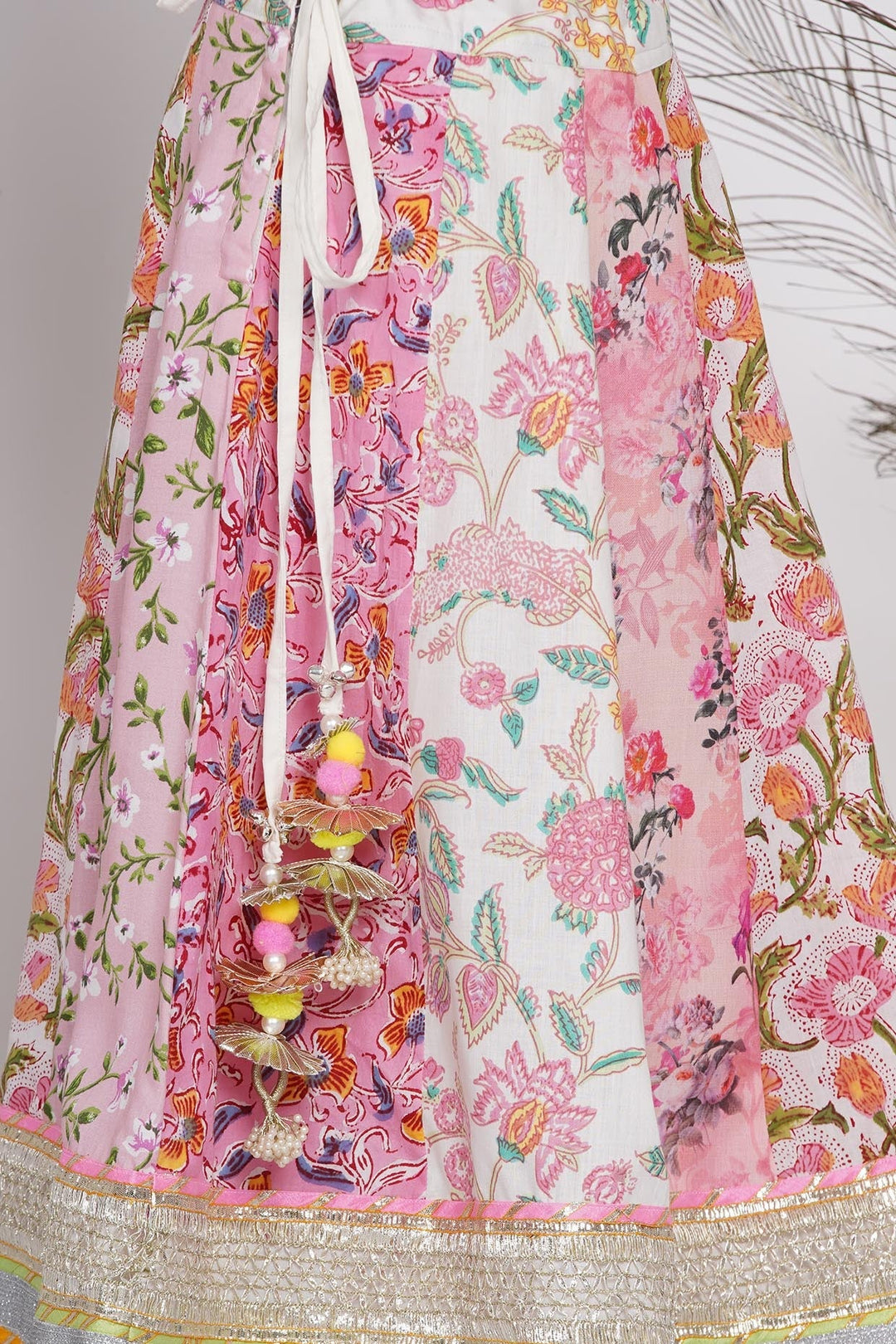 Girls Kali Work Floral Lehenga with Long Jaipuri Kurta and Dupatta in Pink | SHOBITAM