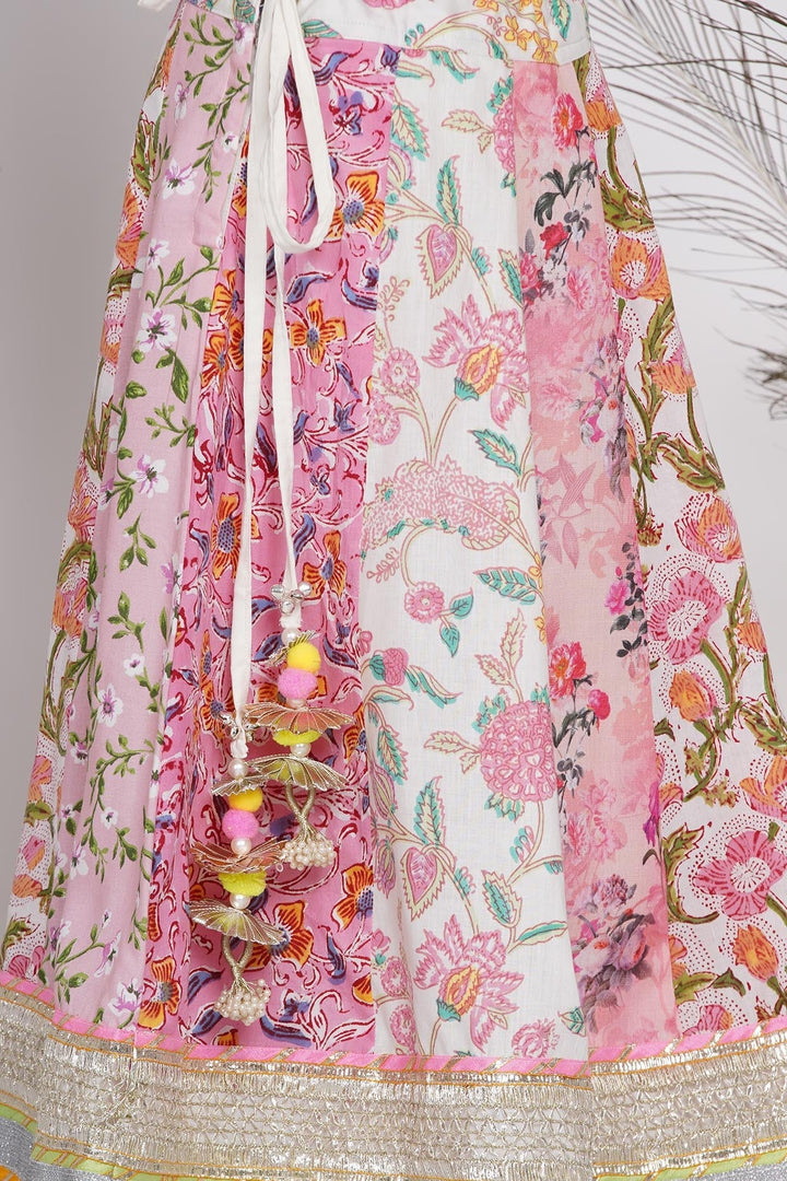 Girls Kali Work Floral Lehenga with Long Jaipuri Kurta and Dupatta in Pink | SHOBITAM