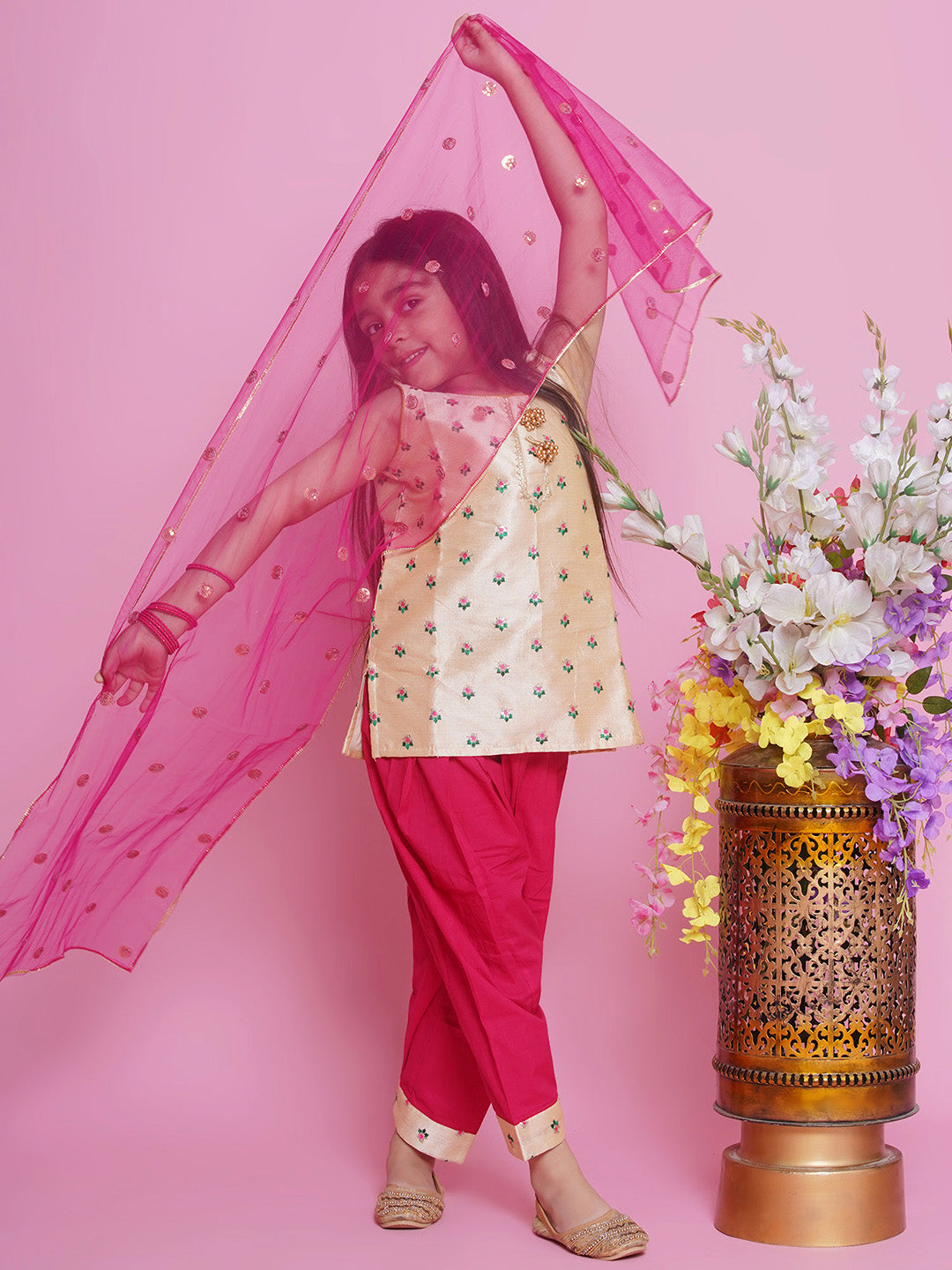 Mulberry  Semi-Silk Sleeveless Floral Choti Buti Embroidery Kurta with Salwar & Dupatta - Cream and Pink