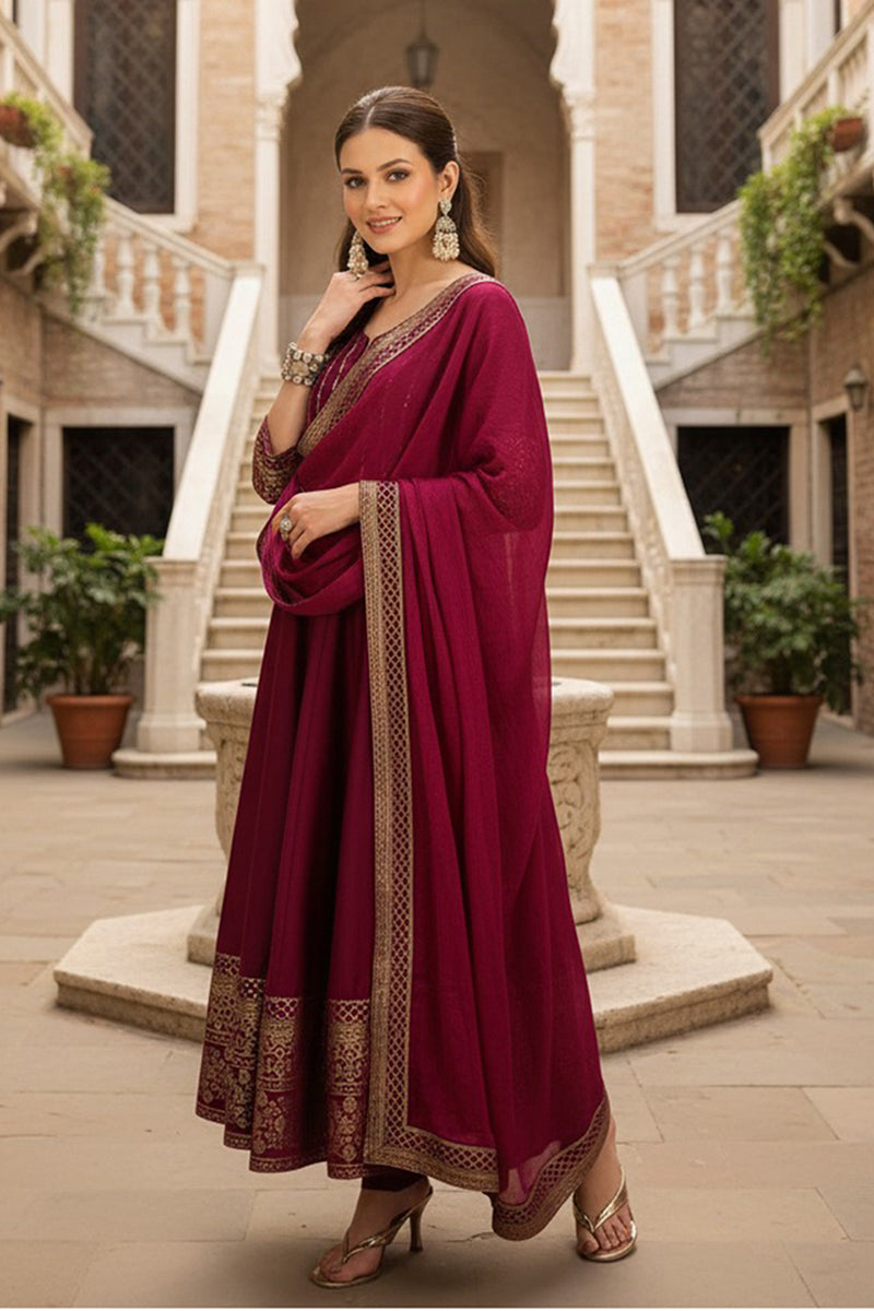 Magenta Silk Blend Woven Design Anarkali Suit Set | SHOBITAM