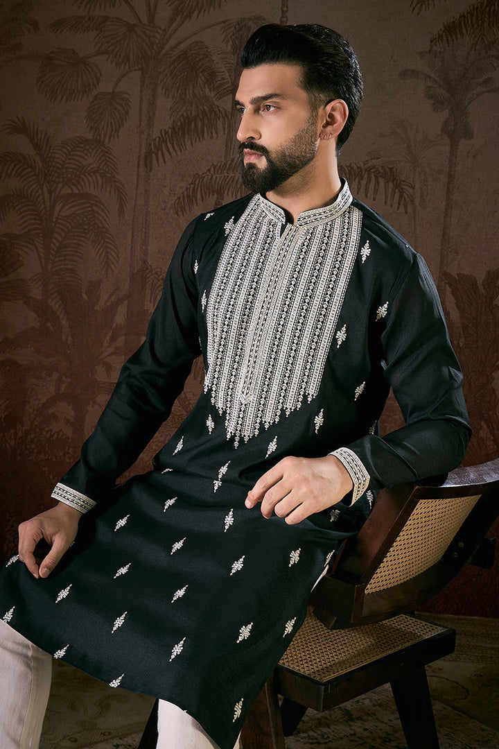 Black Silk Blend Solid Embroidered Straight Kurta For Men | SHOBITAM