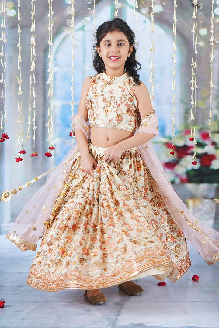 Girls Floral Embrodiery Lehenga with Blouse and Lacework Dupatta | SHOBITAM