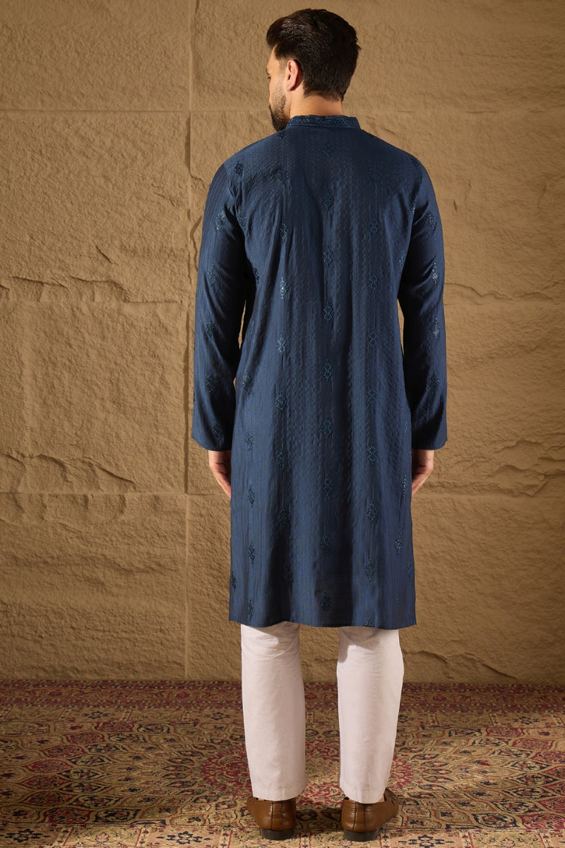 Blue Viscose Rayon Solid Embroidered Straight Kurta | SHOBITAM