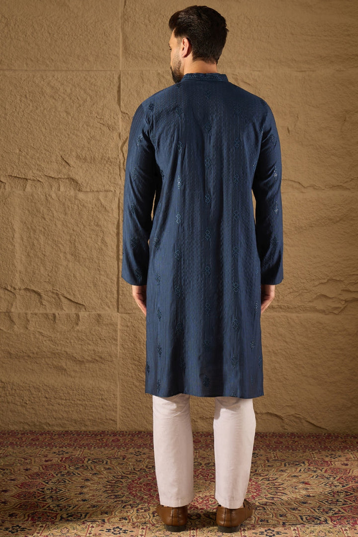 Blue Viscose Rayon Solid Embroidered Straight Kurta | SHOBITAM