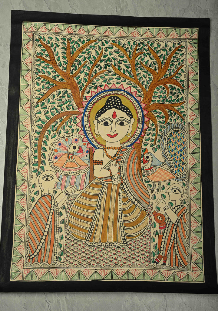 Buddha under the Bodhi Tree on Madhubani wall painting,Unframed,30 x 22 | SHOBITAM