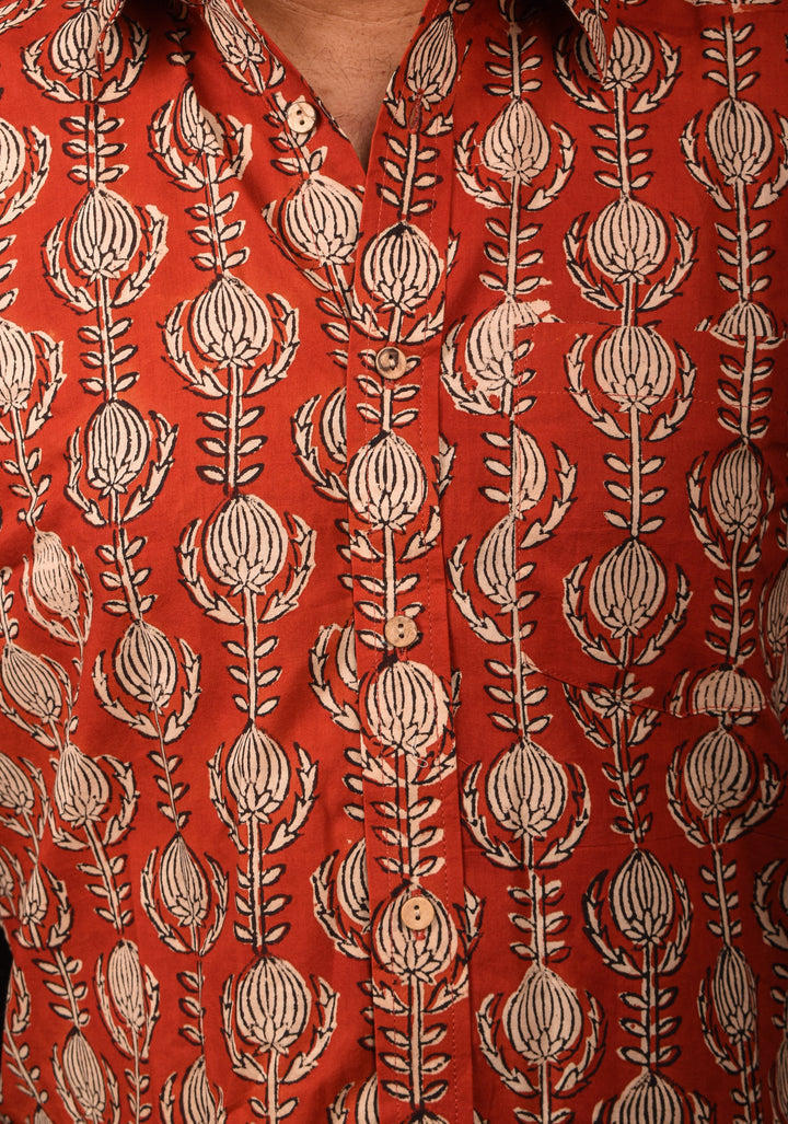Red Black Bagru Handblock Printed Cotton Mens Shirt