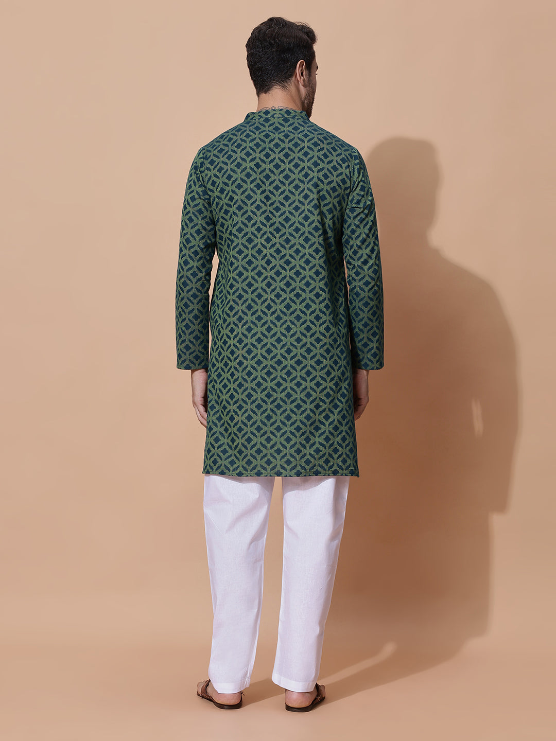 Vantara Men Handloom Jacquard Cotton Long Kurta in Green