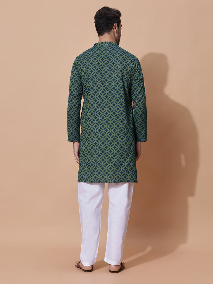 Vantara Men Handloom Jacquard Cotton Long Kurta in Green