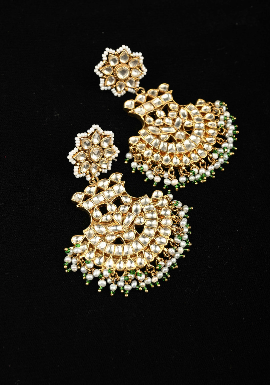 92.5 Pure Silver, Gold-Plated Polki Chandbali Earrings with Pearls and Green Beads