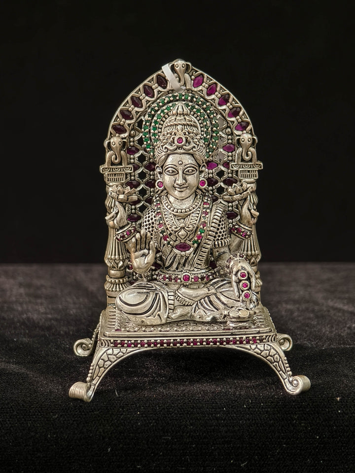 Pure 92.5 Silver Goddess Lakshmi 3D Idol with Stones Ornate Throne, 145 grams