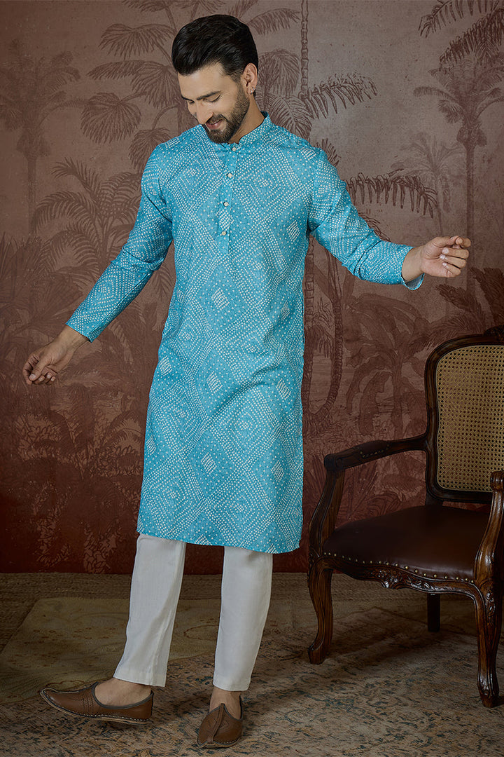 Mens Blue Linen Bandhani Print Regular Kurta With Trouser | SHOBITAM