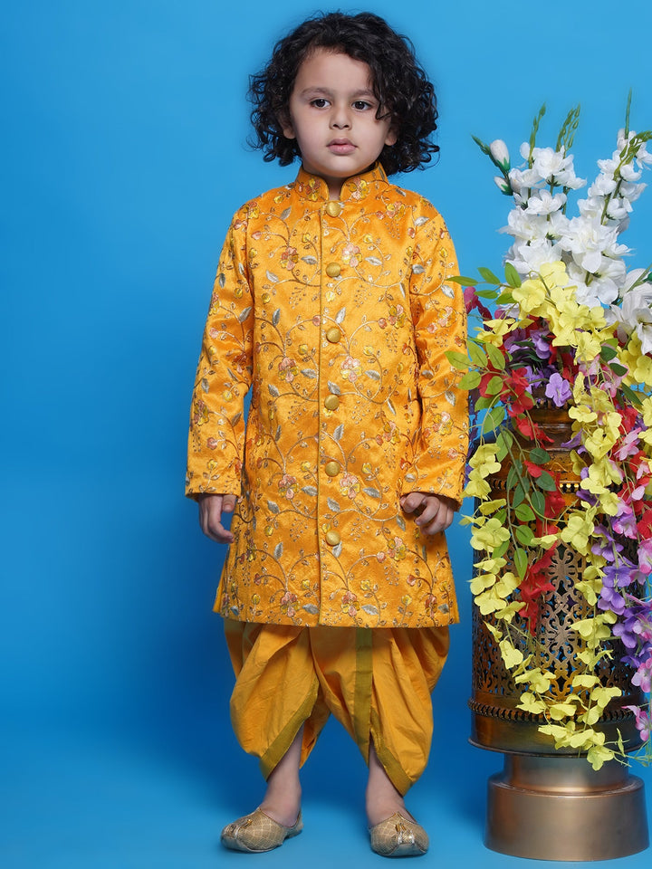 Pretty Floral Sherwani with Dhoti - Haldi Yellow | SHOBITAM