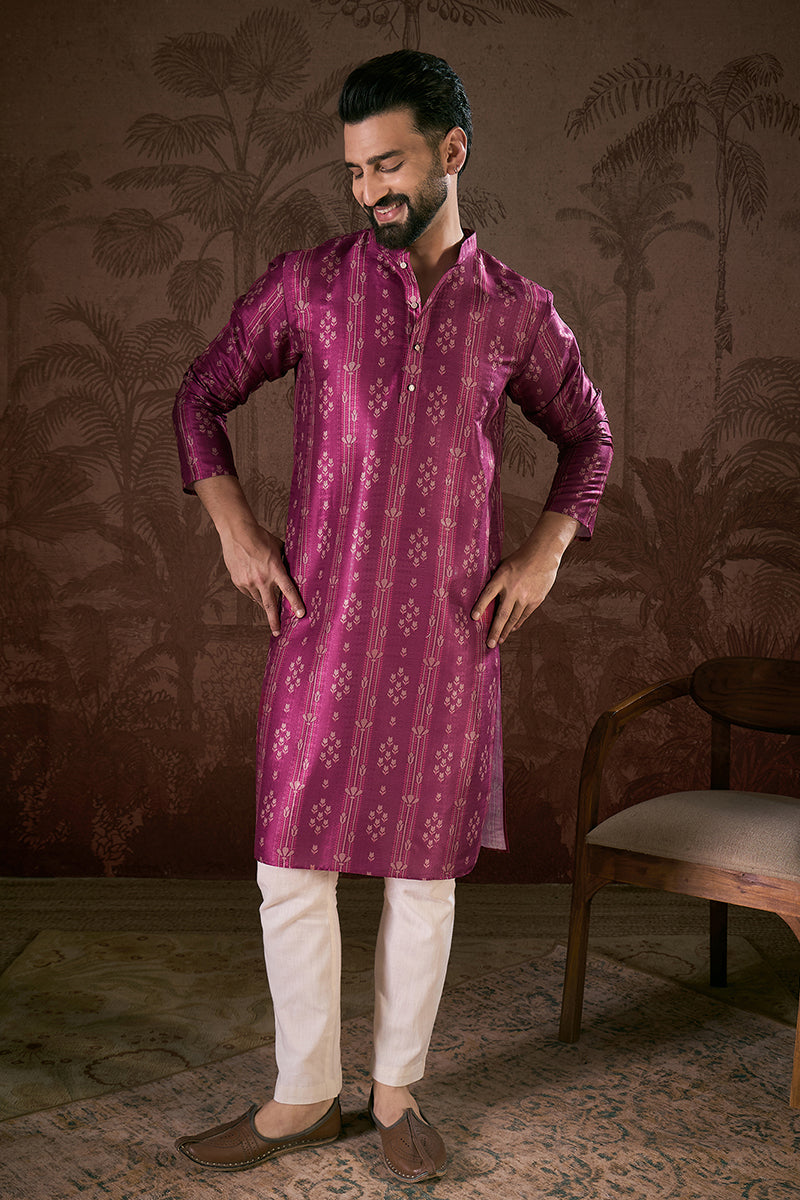 Purple Silk Blend Floral Printed Straight Kurta For Men | SHOBITAM