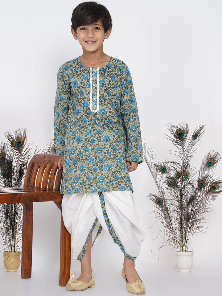 Boys Floral Kurta with Pearl Buttons and Dhoti in Sea Green and Cream  | SHOBITAM