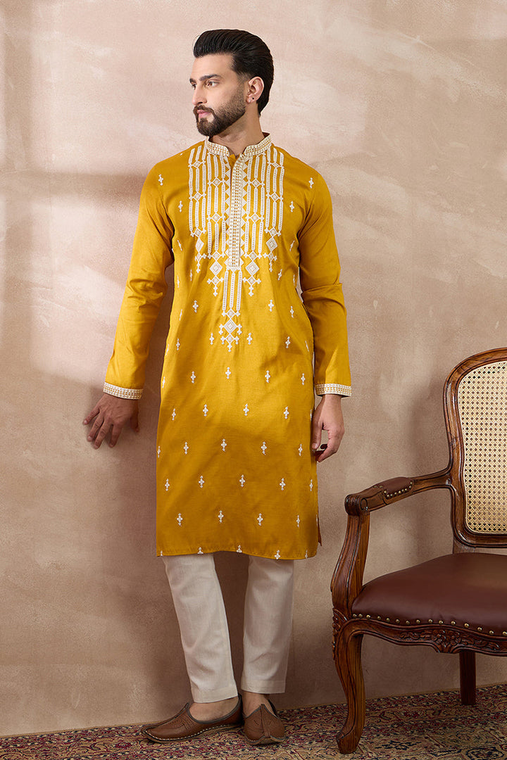 Yellow Silk Blend Embroidered Mandarin Collar Straight Kurta With Trouser | SHOBITAM