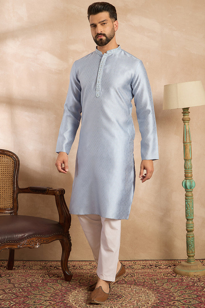 Blue Polyester Solid Embroidered Straight Kurta | SHOBITAM
