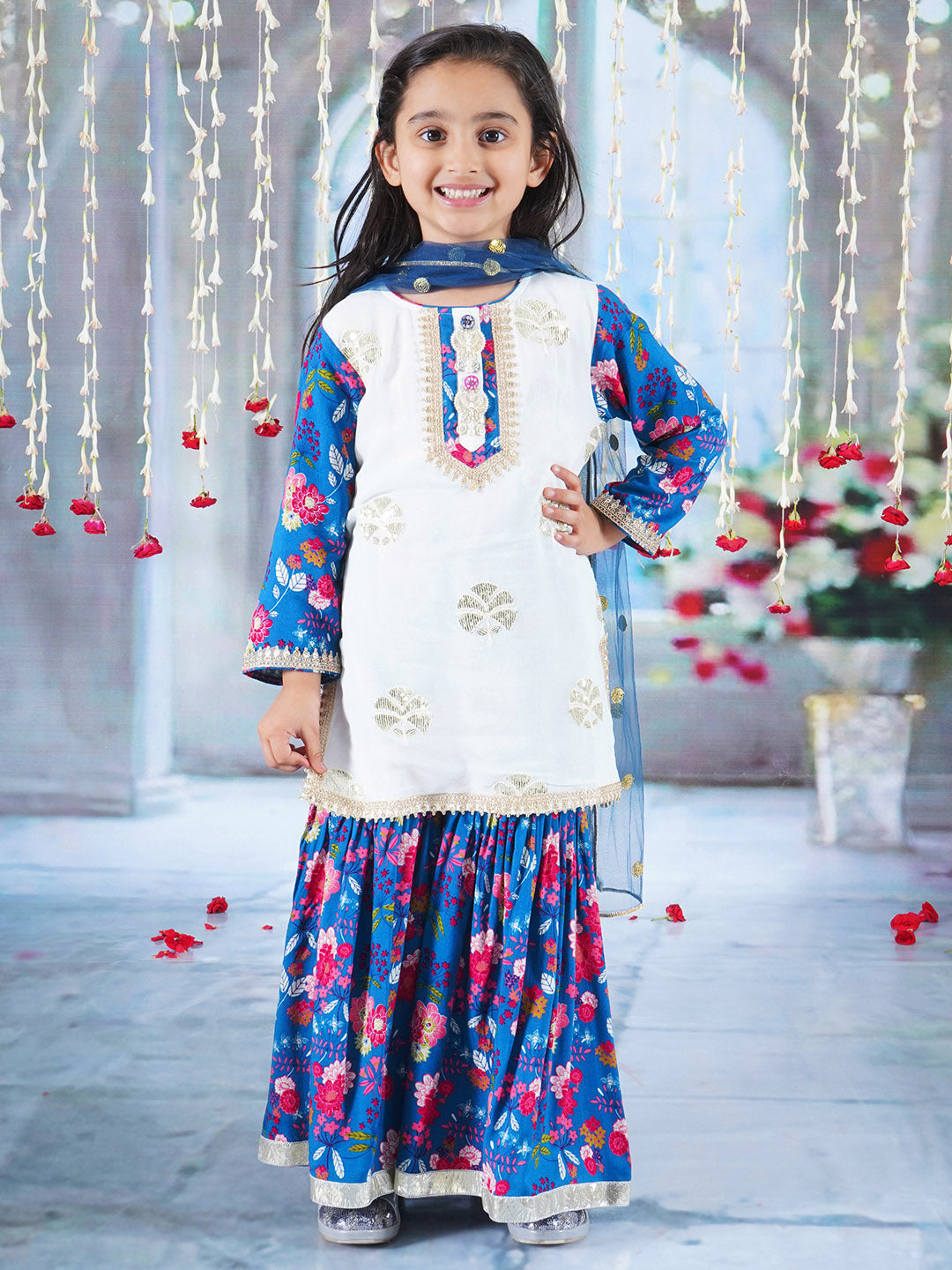 Girls Cotton Full Sleeves Kurta Sharara and Dupatta with Floral Print, Floral Embroidery, Lace & Rajasthani Lac Work - White &  Blue | SHOBITAM