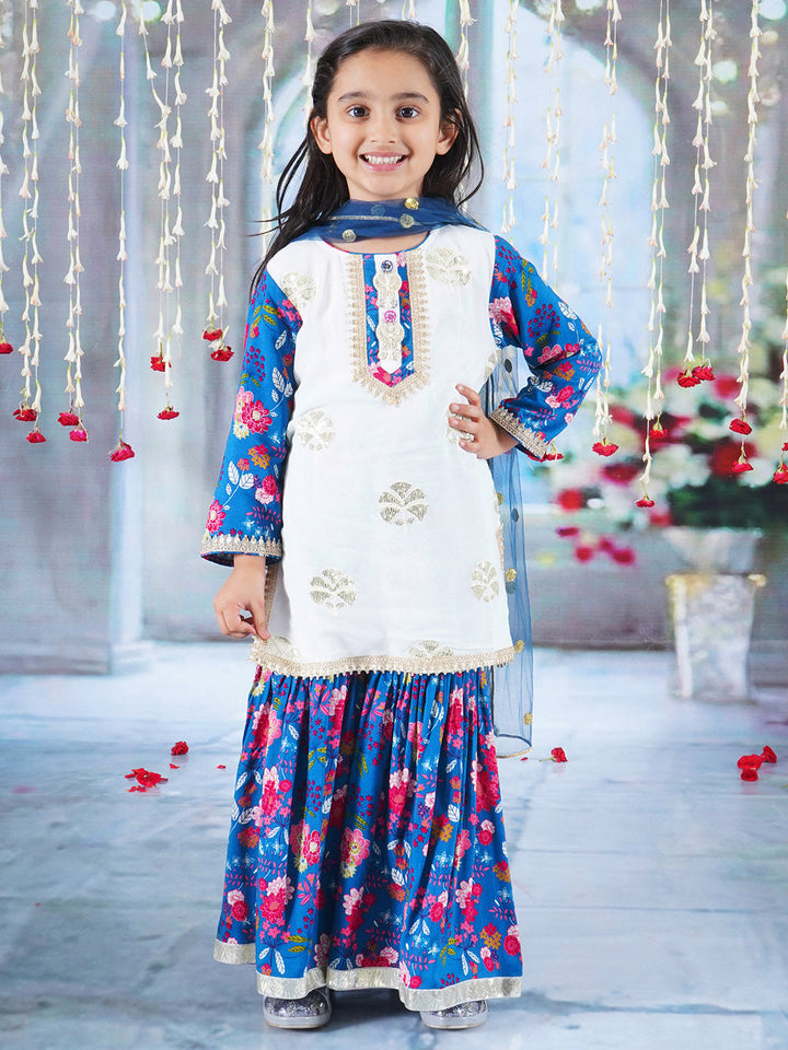 Girls Cotton Full Sleeves Kurta Sharara and Dupatta with Floral Print, Floral Embroidery, Lace & Rajasthani Lac Work - White &  Blue | SHOBITAM
