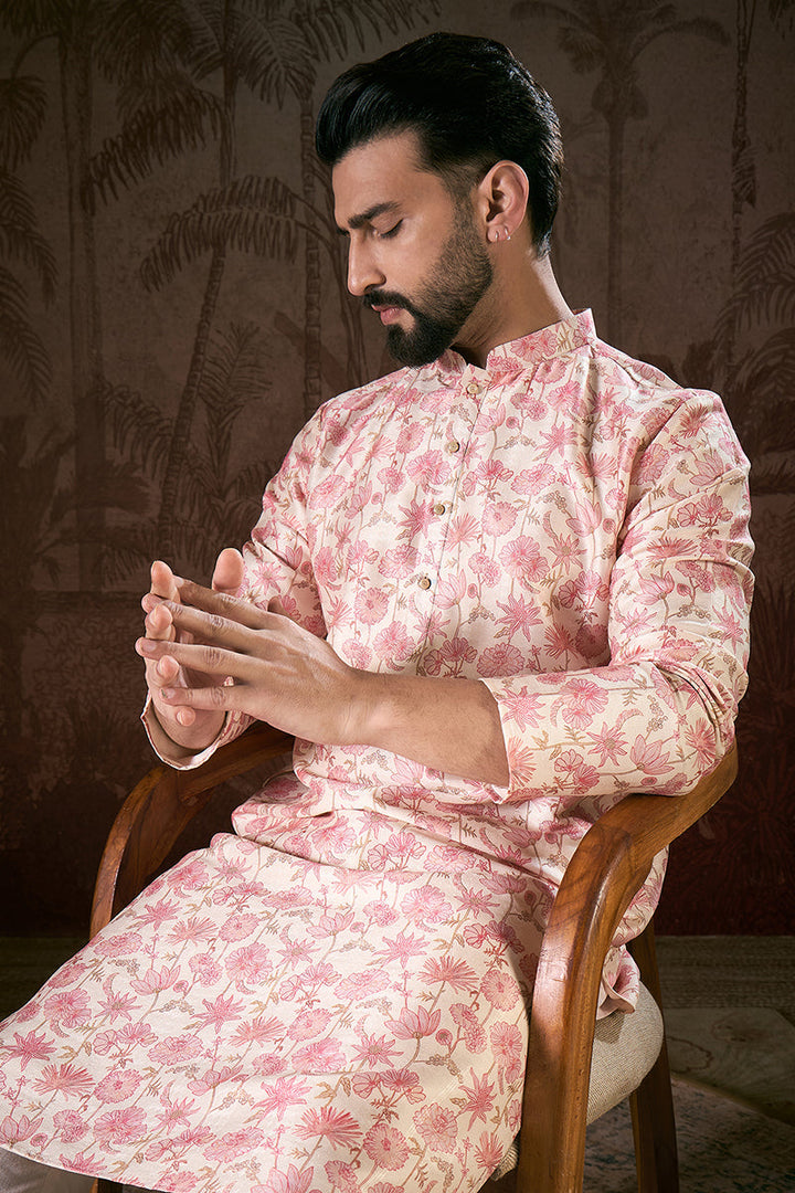 Off White Silk Blend Floral Printed Straight Kurta With Trouser | SHOBITAM