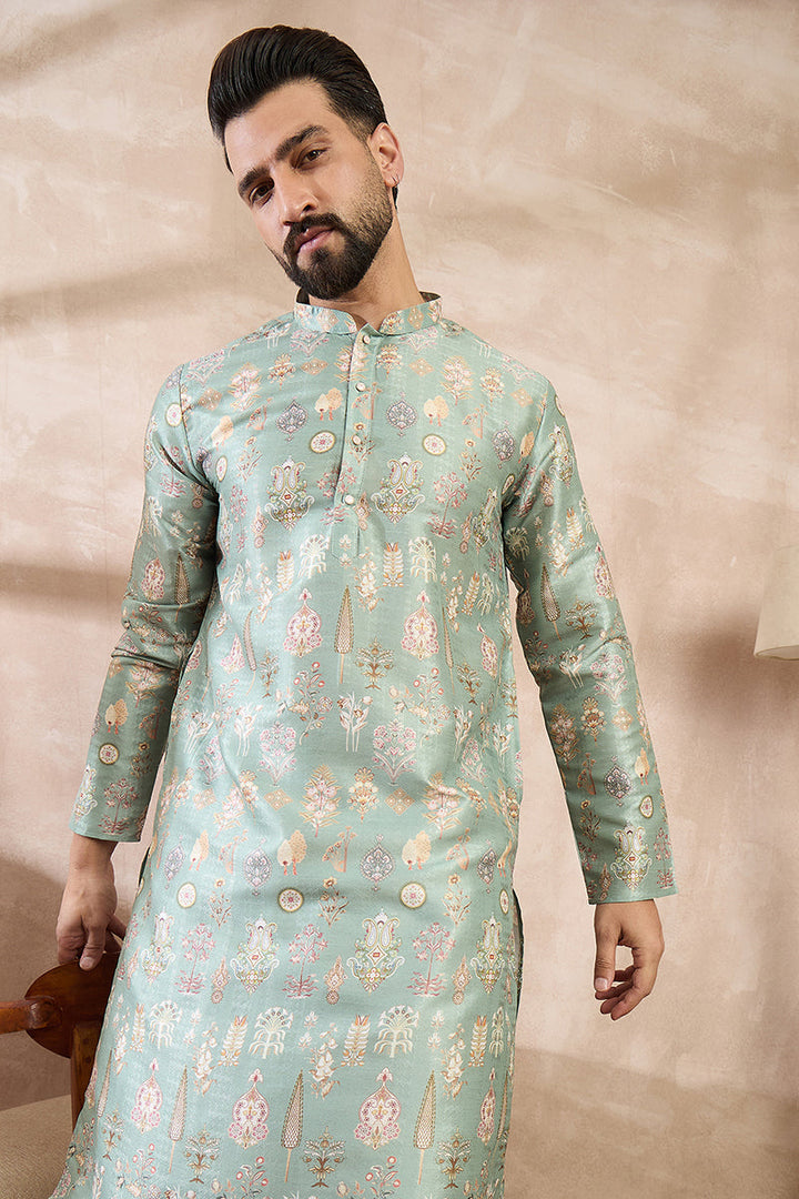 Green Silk Blend Floral Printed Straight Kurta For Men | SHOBITAM