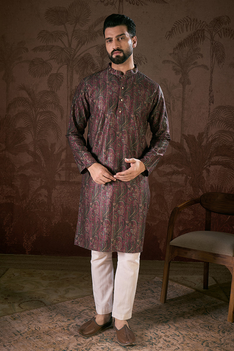 Purple Silk Blend Ethnic Motifs Printed Straight Kurta With Trouser | SHOBITAM