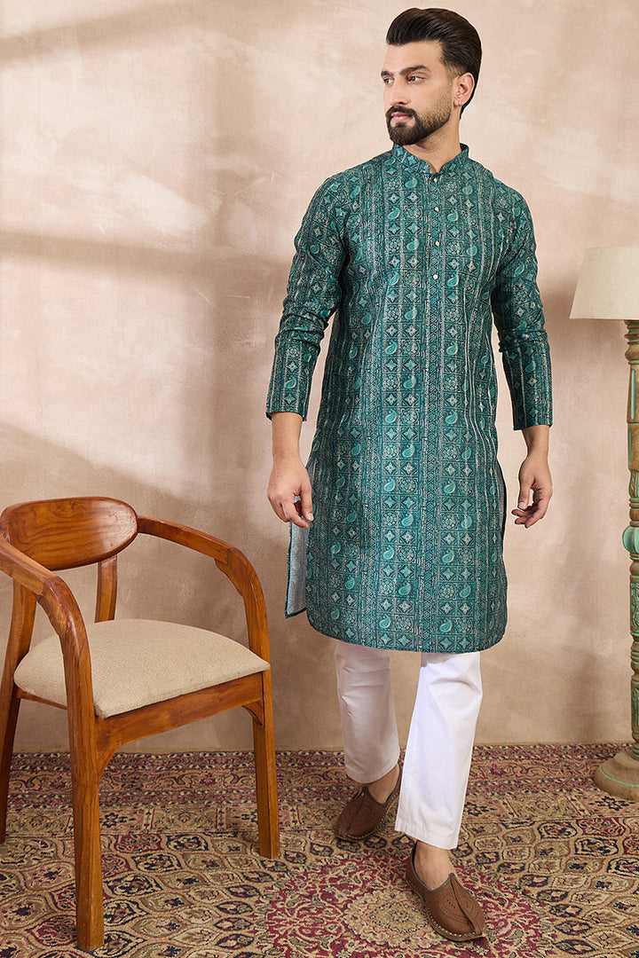 Green Silk Blend Ethnic Motifs Printed Straight Kurta For Men | SHOBITAM